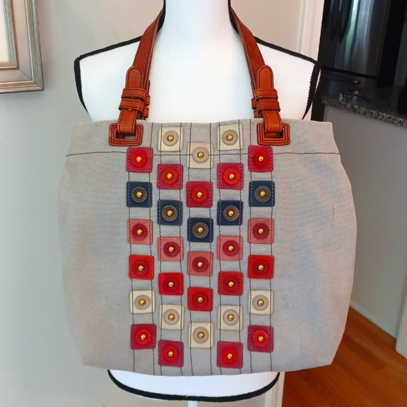 Fossil Taupe Canvas Embellished Circles Squares Tote Bag - Picture 1 of 16